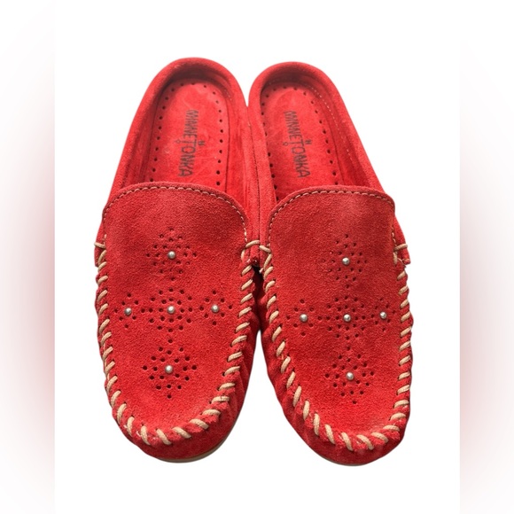 Minnetonka Shoes - Minnetonka Red Suede Driving Moccasins | Size 8 | Pearl-Studded Slip-On Loafers